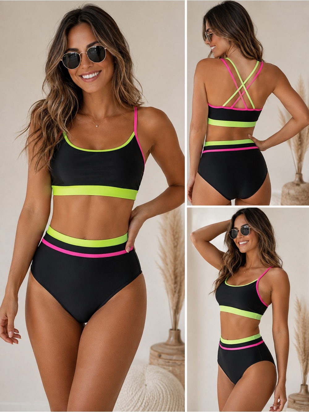 Black Bikini with Neon Green & Hot Pink Trim - Crossback Swim Set